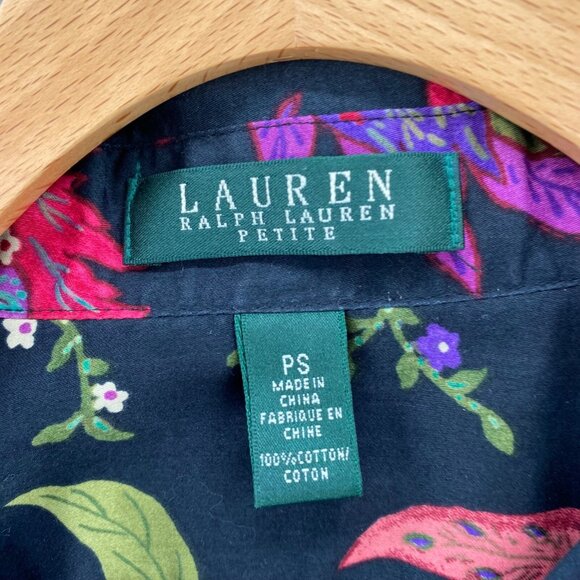 Lauren Ralph Lauren Top Womens Small Petite Black Multi Floral Button Up Collar - Picture 5 of 10